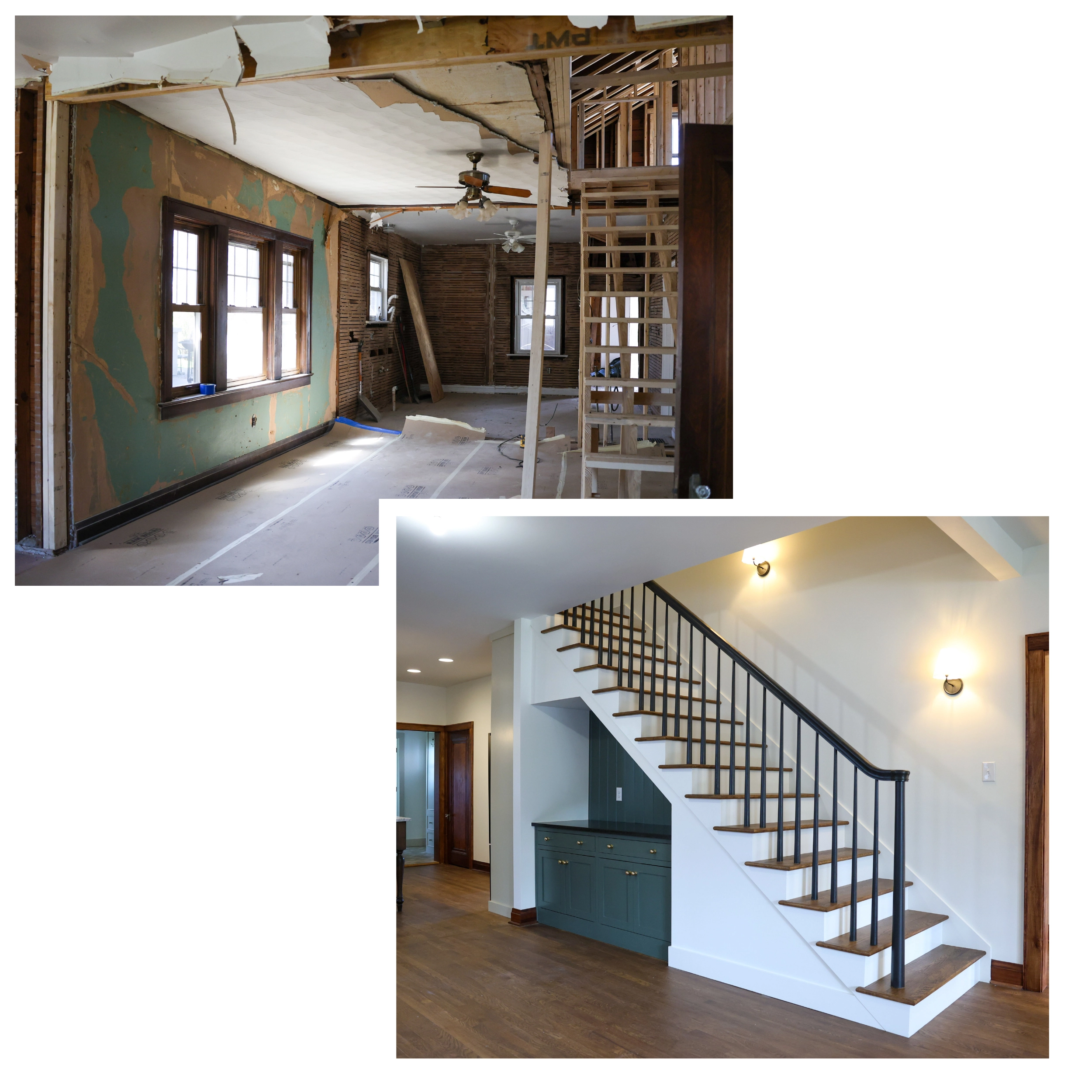 befre-and-after-photos-of-construction-site-home-hallway-withstairway